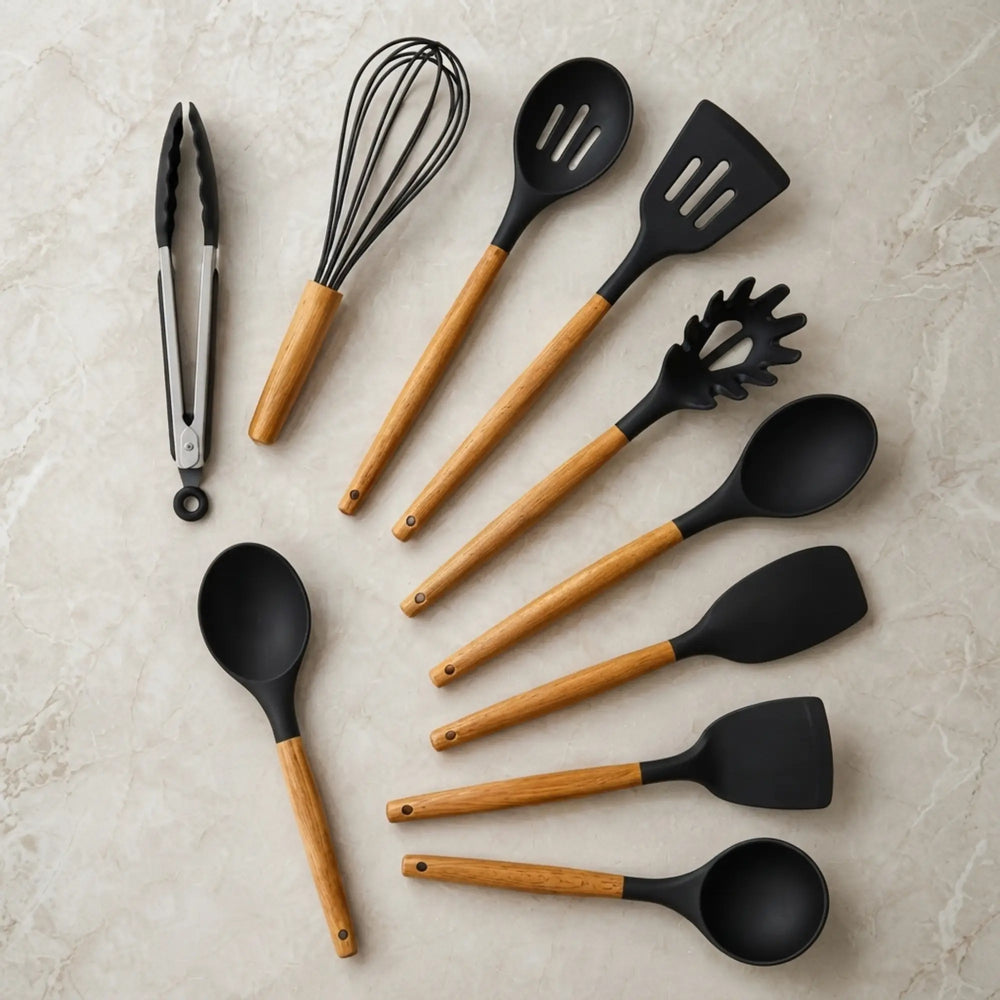 10-Piece Silicone Cooking Utensil Set with Wooden Handles
