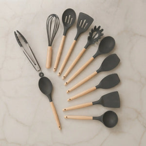 10-Piece Silicone Cooking Utensil Set with Wooden Handles