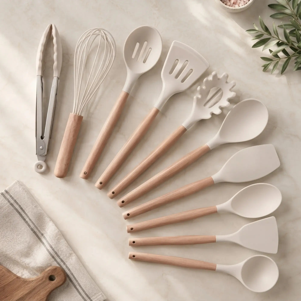 10-Piece Silicone Cooking Utensil Set with Wooden Handles