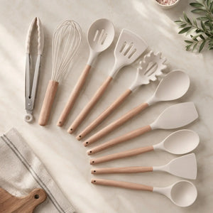 10-Piece Silicone Cooking Utensil Set with Wooden Handles