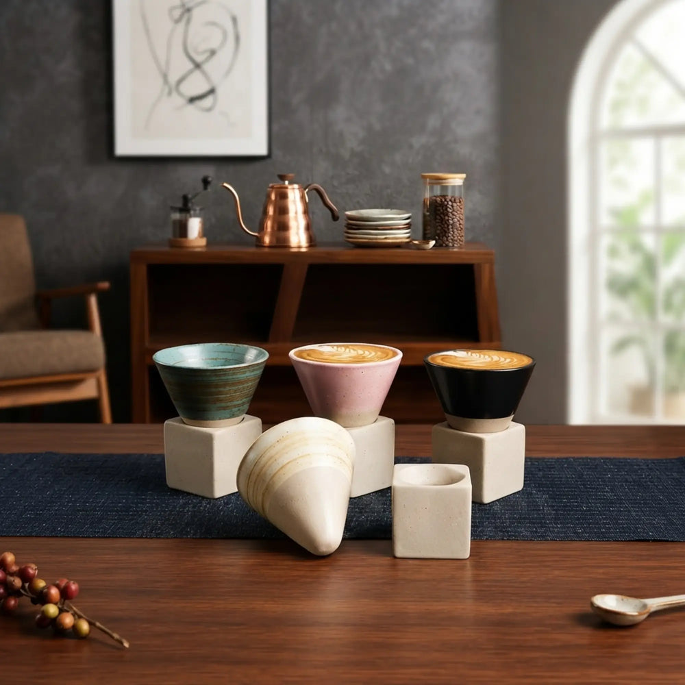 Set of 4 Wabi-Sabi Ceramic Coffee Cups with Wooden Bases